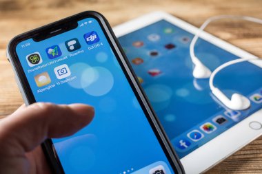KATOWICE, POLAND - 24 Şubat 2020: Uygulama simgeleriyle birlikte IPhone X ekranı. Polonya versiyonu.