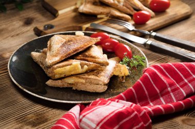 Tabakta kızarmış peynirli sandviç. Sığ alan derinliği.