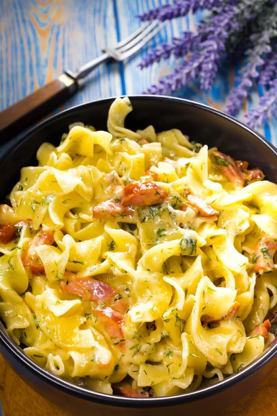 Pasta Sausage Cheese Black Bowl Wooden Table — Stock Photo, Image