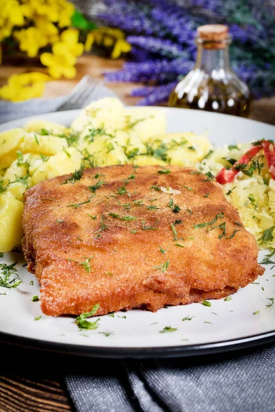 Breaded Fish Potato Salad Sauerkraut Dinner Selective Focus — Stock Photo, Image