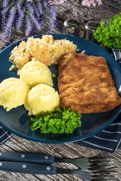 Breaded Fish Potato Salad Sauerkraut Dinner Selective Focus — Stock Photo, Image