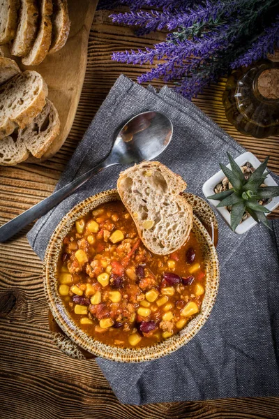 Mexikói Chili Con Carne Tálban Szelektív Fókusz — Stock Fotó