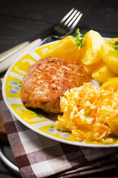 Minced Pork Cutlet Served Potatoes Sauerkraut Salad — Stock Photo, Image