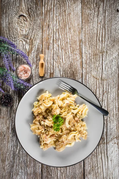 Pasta Con Crauti Pancetta Focus Selettivo — Foto Stock