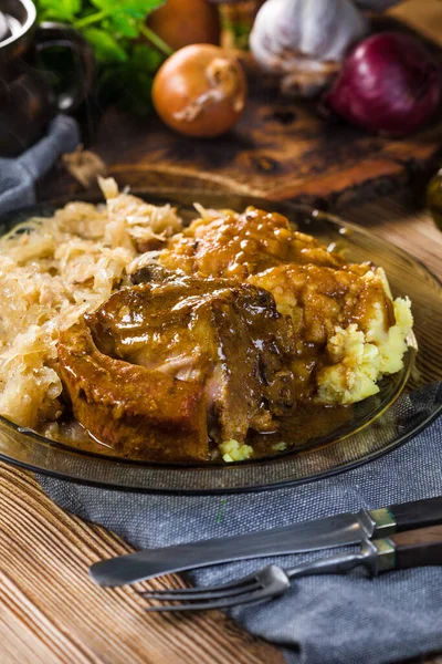 Fried Ribs Sauerkraut Served Boiled Potatoes Selective Focus — Stock Photo, Image