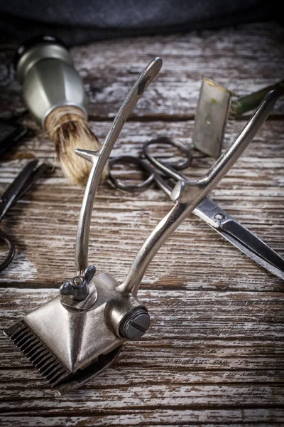 Vintage Manual Hair Clipper Wooden Background Selective Focus — Stock Photo, Image