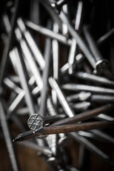 Steel Nails Wooden Background Selective Focus — Stock Photo, Image