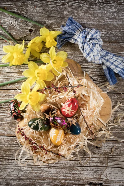 Decorated Eggs Wooden Board Shallow Depth Field — Stock Photo, Image