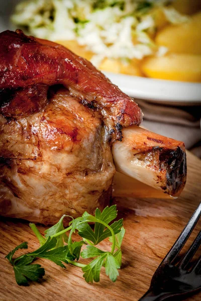 Roast Pork Knuckle Wooden Board Selective Focus — Stock Photo, Image