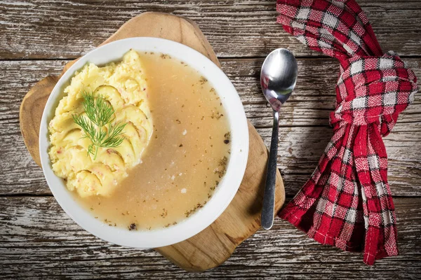 Borscht Bianco Puro Servito Con Purè Patate Vista Dall Alto — Foto Stock