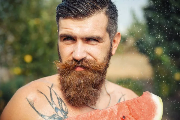 Bir adam şık bir saç modeli, uzun sakallı ve büyük bir zevk ile dövme karpuz yiyor