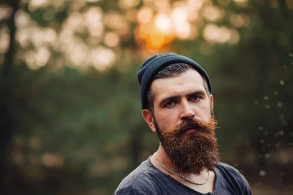 Homme barbu élégant dans un T-shirt sombre, avec une tête sur la tête tenant dans ses mains une hache en bois dans les bois — Photo