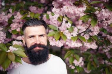 Bir neşeli sakallı adam güzel bıyıklı sakura yakınlarında şık bir hairdress çıkar