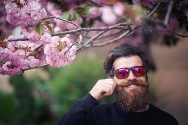 Bir şapka ve güneş gözlüğü çiçekli sakura duran acımasız sakallı adam