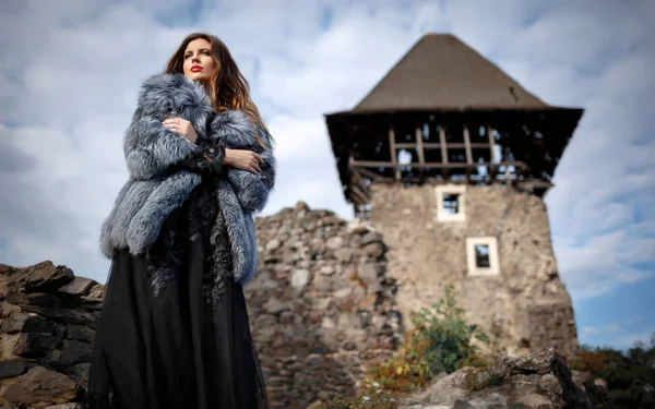 Elegante Brünette Einem Langen Schwarzen Kleid Und Mantel Steht Auf — Stockfoto