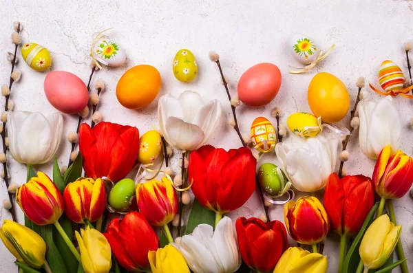 Tulips with  willow  and easter eggs — Stock Photo, Image