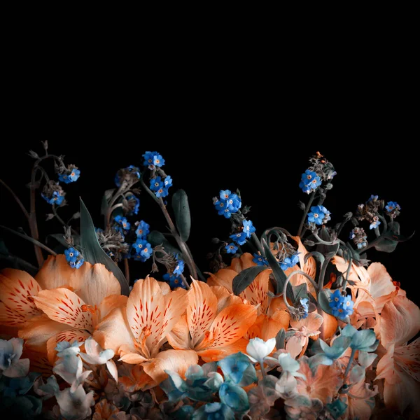 Mooie bos van kleurrijke bloemen op zwarte achtergrond. — Stockfoto
