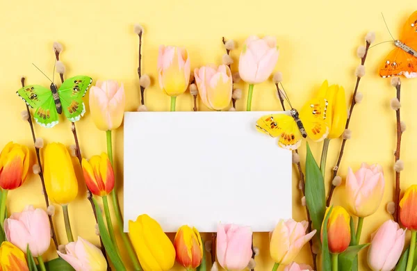 Квіти композиція з тюльпанами і гілкою кицька верби на вас — стокове фото