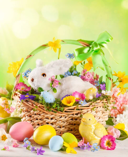 Easter composition with bunny in basket, spring flowers and colo — Stock Photo, Image