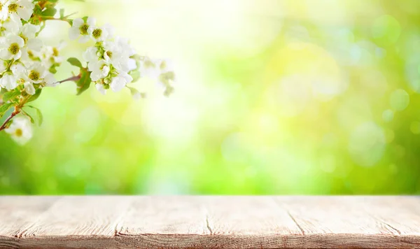 Wooden table and blurred green spring or summer background with — ストック写真