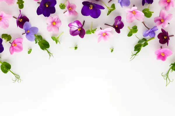 春季或夏季花卉组合 白色背景上有可食用的紫罗兰和微绿色 平躺在地上 复制空间 健康生命与花卉概念 — 图库照片