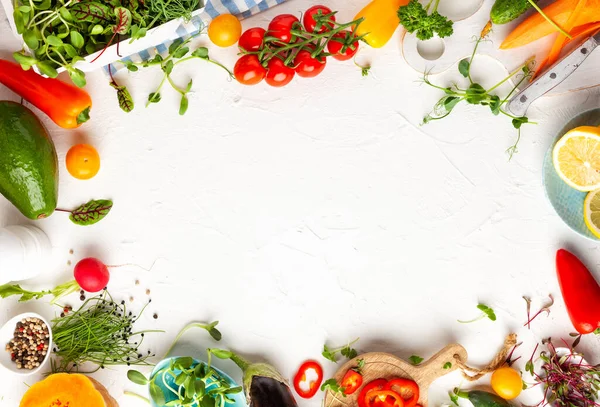 Verduras Frescas Frutas Microverduras Hierbas Para Cocinar Comidas Saludables Casa — Foto de Stock