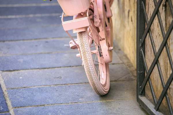 Bicicleta rosa vintage con cesta de flores — Foto de Stock