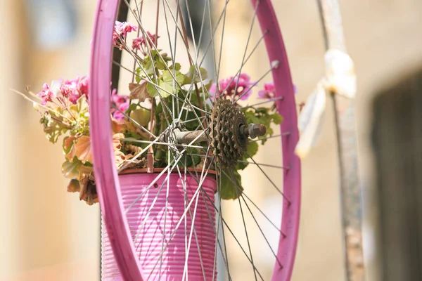Розовое велосипедное колесо в Альгеро, Сардиния, Италия — стоковое фото