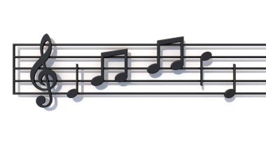 3 boyutlu görüntüleme. Parlak notalı beş köşeli yıldız. Müzik arkaplanı