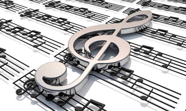 Representación 3D. Pentagrama con notas musicales brillantes. Fondo musical —  Fotos de Stock