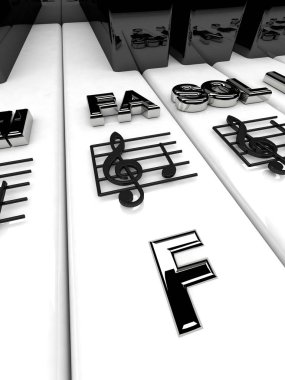 3D render, piyano tuşları ve üç tuşlu notalar. Müzik arkaplanı