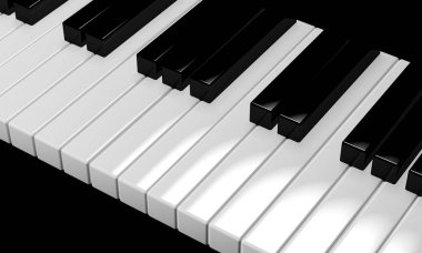 3D render, piyano tuşları ve üç tuşlu notalar. Müzik arkaplanı