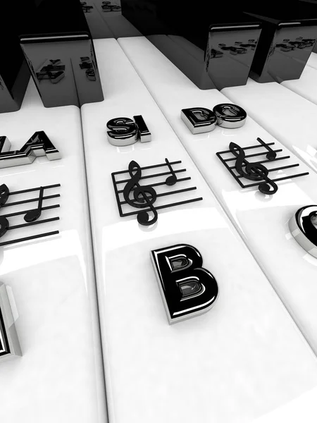 Renderização 3D, teclas de piano com notas de fenda agudas. Fundo musical — Fotografia de Stock