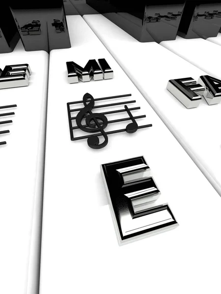 3D render, teclas de piano con notas de clave agudas. Fondo musical — Foto de Stock