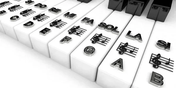 Rendering 3D, tasti di pianoforte con note chiave di violino. Contesto musicale — Foto Stock