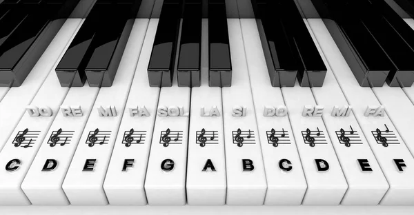 Renderização 3D, teclas de piano com notas de fenda agudas. Fundo musical — Fotografia de Stock