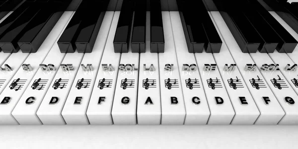 Renderização 3D, teclas de piano com notas de fenda agudas. Fundo musical — Fotografia de Stock