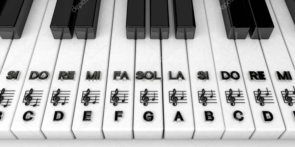 3D render, Piano keys with treble clef notes . Musical background