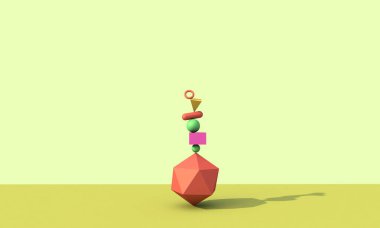 3D görüntüleme, soyut arkaplan, düşen geometrik ilkel şekiller, renkli elementler