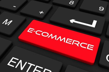 3 boyutlu görüntüleme. Ekommerce anahtarı, iş ve teknoloji kavramına sahip siyah klavye