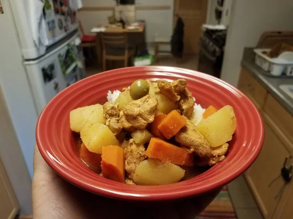 Tigela vermelha de guisado de frango com batatas e cenouras na cozinha — Fotografia de Stock