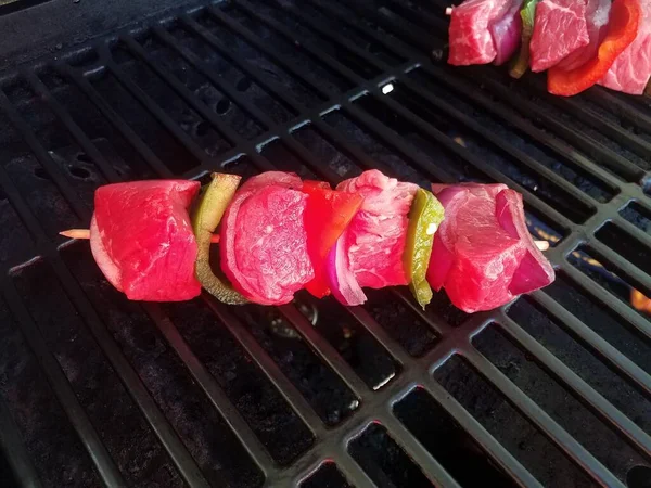 Carne vermelha carne e pimentas verdes no pau no churrasco — Fotografia de Stock