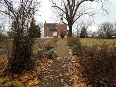 Düşen yaprakların yolu ve ağaçların ve ginko yapraklarının olduğu kırmızı ev.