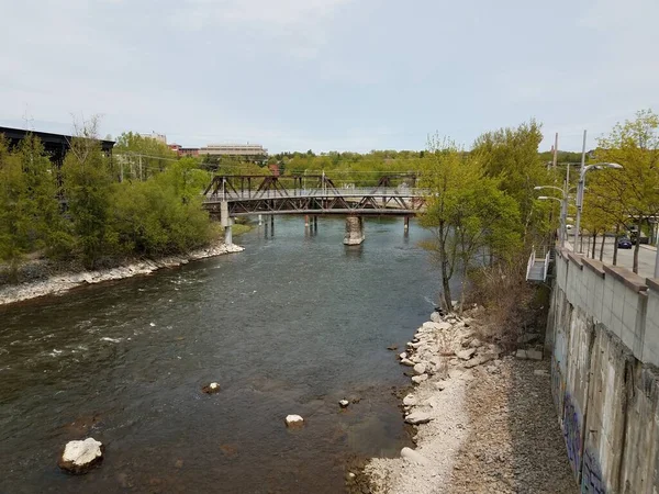 Ríos o arroyos tranquilos y árboles con puente — Foto de Stock