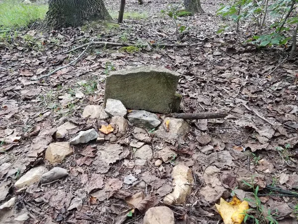 Pedra de sepultura velha e pedra e folhas marrons no cemitério — Fotografia de Stock