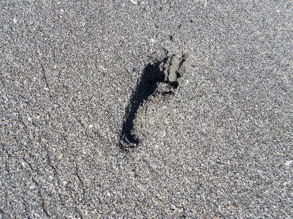 Impronta su pista in sabbia grigia bagnata in spiaggia — Foto Stock