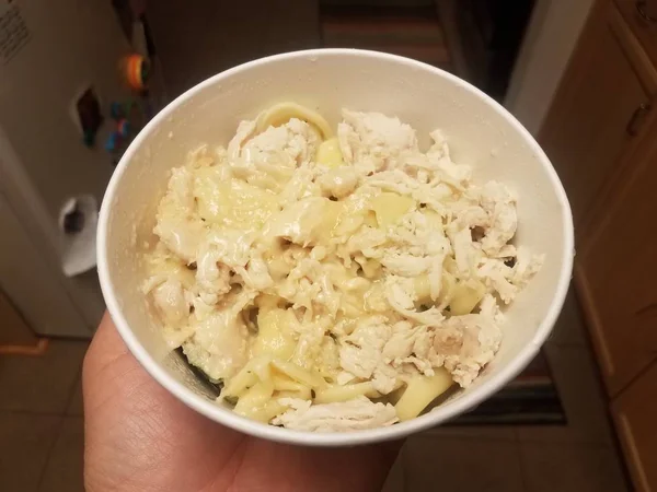 Mão segurando tigela de massa com frango e queijo — Fotografia de Stock