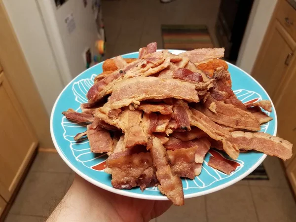 Mão segurando pilha de carne de bacon e rolo de frango na placa azul — Fotografia de Stock