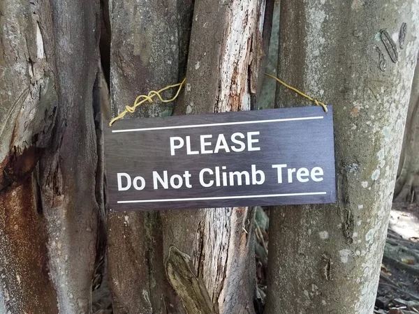 Brown please do not climb tree sign on tree — Zdjęcie stockowe