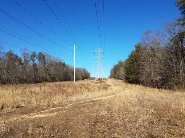 Field with brown grasses and metal tower with power lines and path — 스톡 사진